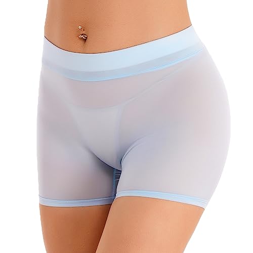 iEFiEL Damen Boxer Shorts Transparente Unterhosen Nylon Glossy Unterwäsche Glänzende Höschen Low Rise Atmungsaktiv Wäsche Hellblau Einheitsgröße von iEFiEL