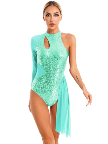 iEFiEL Damen Turnanzug Glitzer Gymnastik Leotards Tanz Trikot Tanzkleidung mit Asymmetrisch Rock EIN Schulter Langarm Tanzbody Minzgrün M von iEFiEL