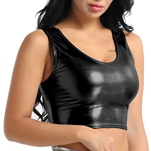 iEFiEL Damen Glänzende Tops Wetlook T-Shirt Bauchfrei Oberteile Gogo Clubwear Leder-Optik Tank Top Weste Sport Bustier Unterhemd Schwarz Einheitsgröße von iEFiEL