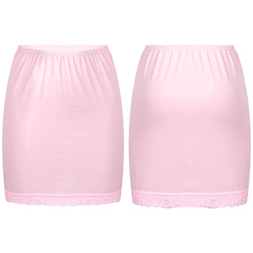 iEFiEL Damen Unterrock Nylon Petticoat mit Spitze Elastische Taille Halb Slip Underskirt Unterkleid Nachthemd Hell-Pink OneSize von iEFiEL
