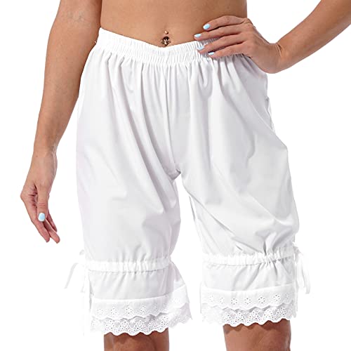 iEFiEL Damen Bloomers Vintage Rüschen Shorts Schlafanzughose mit Blumenspitze Viktorianische Prinzessin Kostüm Pumphose Kurze Shorts Spitze Weiß S von iEFiEL