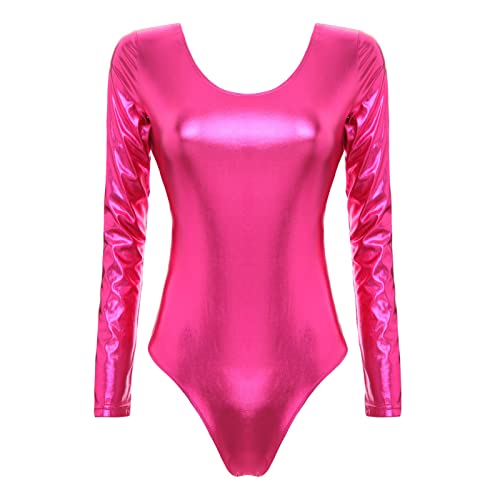 iEFiEL Damen Metallic Body Lackleder Bodysuit Catsuit Wetlook Jumpsuit Langarm/Kurzarm Turnanzug Ballettbody Trikotanzug Tanzkostüm Rosa XL von iEFiEL