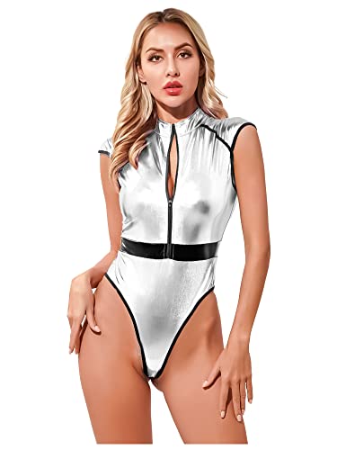 iEFiEL Damen Metallic Body Lackleder Bodysuit Catsuit Wetlook Jumpsuit Langarm/Kurzarm Turnanzug Ballettbody Trikotanzug Tanzkostüm Silber A S von iEFiEL