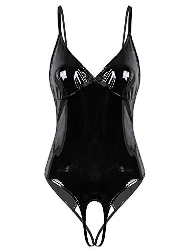 iEFiEL Damen Wetlook Bodysuit Ouvert-Body Trägertop mit Tiefem V-Ausschnitt Push Up Topbody Reizwäsche Offener Schritt Stringbody Schwarz XL von iEFiEL