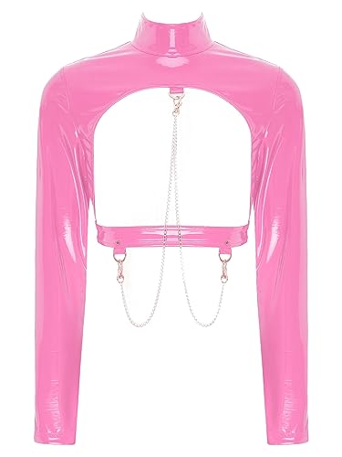 iEFiEL Damen Wetlook Crop Top Lackleder Langarmshirts Brustfrei T-Shirts Bauchfrei Oberteile Kurz Glänzende Unterhemd Rave Ledertop Rosa L von iEFiEL