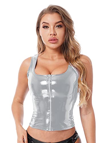 iEFiEL Damen Wetlook Crop Top Leder-Optik Tank Top Glänzende Korsett BH Oberteil Kurze Ärmellos Shirt Clubwear Kostüm Rave Party T Silber XL von iEFiEL