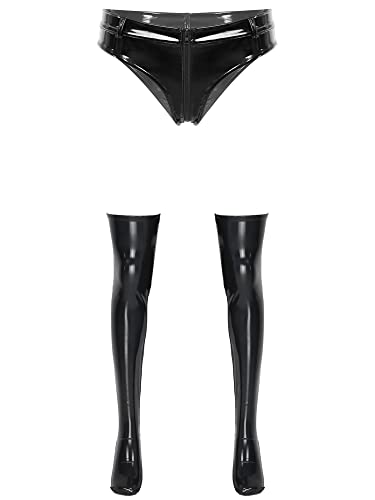 iEFiEL Damen Wetlook Dessous Set Lackleder Slips mit Halterlose Overknee Strümpfe Leder Stocking Unterhosen Reißverschluss Nachtwäsche Schwarz L von iEFiEL