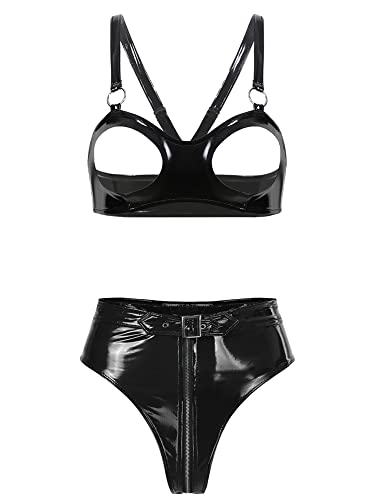 iEFiEL Damen Wetlook Dessous Set Unterwäsche Neckholder BH mit Brustfrei & G-String Ouvert-Panties Lack-Optik Bikini Sets Schwarz A L von iEFiEL