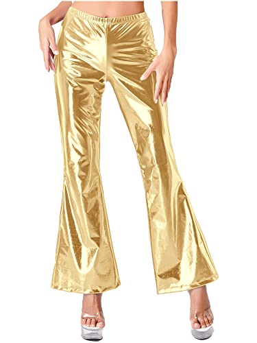 iEFiEL Damen Wetlook Hosen Lang Schlaghose Glänzende Hüfthose Disco Tanzhosen Vintage DJ Palazzo Hosen Rave Party Hosen Gold M von iEFiEL