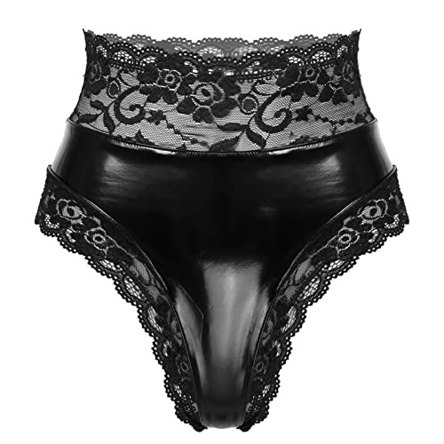 iEFiEL Damen Wetlook Hotpants Bikini Slips Kunstleder Unterwäsche Shorts Kurze Hose Spitzen Panties Gogo Clubwear S-4XL Schwarz 4XL von iEFiEL