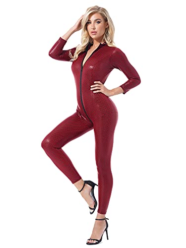 iEFiEL Damen Wetlook Jumpsuit mit Reißverschluss Leder-Look Body Catsuit glänzend Overall Dessous Ouvert-Leggings Clubwear Tartan Rot 4XL von iEFiEL