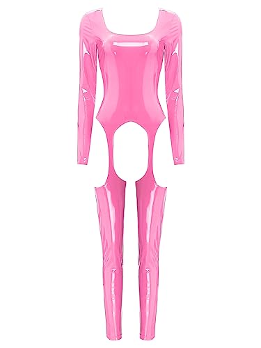 iEFiEL Damen Wetlook Jumpsuit mit Reißverschluss Leder-Look Body Catsuit glänzend Overall Dessous Ouvert-Leggings Clubwear Tc Rosa 4XL von iEFiEL