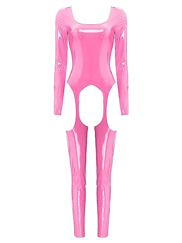 iEFiEL Damen Wetlook Jumpsuit mit Reißverschluss Leder-Look Body Catsuit glänzend Overall Dessous Ouvert-Leggings Clubwear Tc Rosa XXL von iEFiEL
