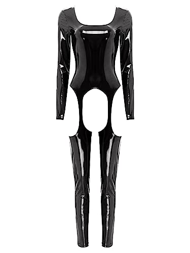 iEFiEL Damen Wetlook Jumpsuit mit Reißverschluss Leder-Look Body Catsuit glänzend Overall Dessous Ouvert-Leggings Clubwear Tc Schwarz L von iEFiEL