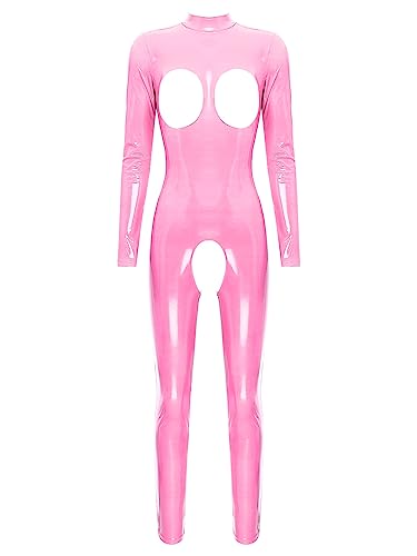 iEFiEL Damen Wetlook Jumpsuit mit Reißverschluss Leder-Look Body Catsuit glänzend Overall Dessous Ouvert-Leggings Clubwear Td Rosa 3XL von iEFiEL