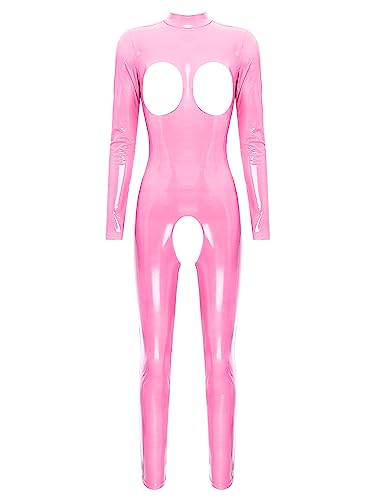 iEFiEL Damen Wetlook Jumpsuit mit Reißverschluss Leder-Look Body Catsuit glänzend Overall Dessous Ouvert-Leggings Clubwear Td Rosa L von iEFiEL
