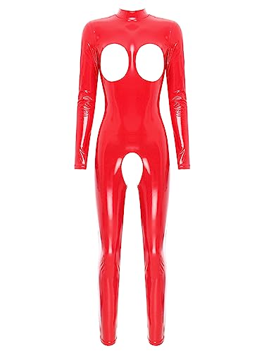 iEFiEL Damen Wetlook Jumpsuit mit Reißverschluss Leder-Look Body Catsuit glänzend Overall Dessous Ouvert-Leggings Clubwear Td Rot 4XL von iEFiEL