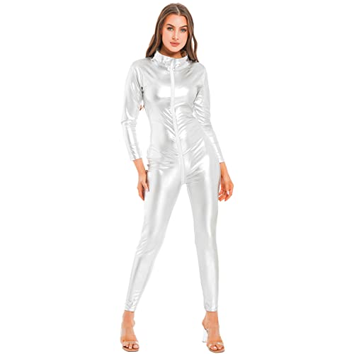 iEFiEL Damen Wetlook Jumpsuit mit Reißverschluss Leder-Look Body Catsuit glänzend Overall Dessous Ouvert-Leggings Clubwear Za Silber M von iEFiEL