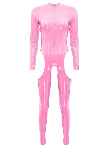 iEFiEL Damen Wetlook Jumpsuit mit Reißverschluss Leder-Look Body Catsuit glänzend Overall Dessous Ouvert-Leggings Clubwear Zd Rosa 3XL von iEFiEL