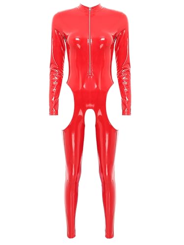 iEFiEL Damen Wetlook Jumpsuit mit Reißverschluss Leder-Look Body Catsuit glänzend Overall Dessous Ouvert-Leggings Clubwear Zd Rot 3XL von iEFiEL
