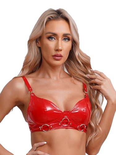 iEFiEL Damen Wetlook Leder Brustfrei Crop Top Erotik Dessous Bauchfrei Oberteil BH Bralette Tanktops Reizwäsche Schwarz Zb Rot L von iEFiEL