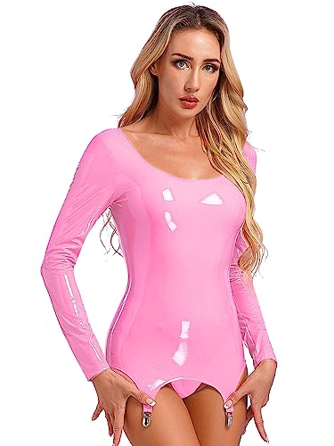 iEFiEL Damen Wetlook Minikleid Glänzende Lederkleid Mit Strapsen Strumpfbänder Optik Leder Kleider Sexy Partykleid Latex Sommerkleid Kurz Xa Rosa Langarmshirts 3XL von iEFiEL