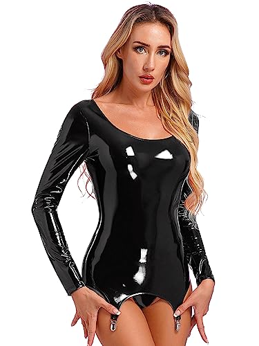 iEFiEL Damen Wetlook Minikleid Glänzende Lederkleid Mit Strapsen Strumpfbänder Optik Leder Kleider Sexy Partykleid Latex Sommerkleid Kurz Xa Schwarz Langarmshirts 3XL von iEFiEL