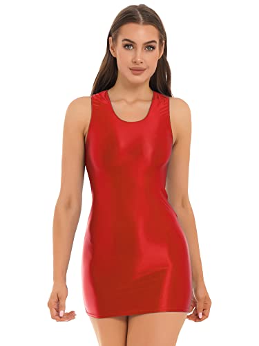 iEFiEL Damen Wetlook Minikleid Ärmellose Kleid Kurz Figurbetont Partykleid Eng Stretch Kleider Gogo Party Clubwear Rot M von iEFiEL