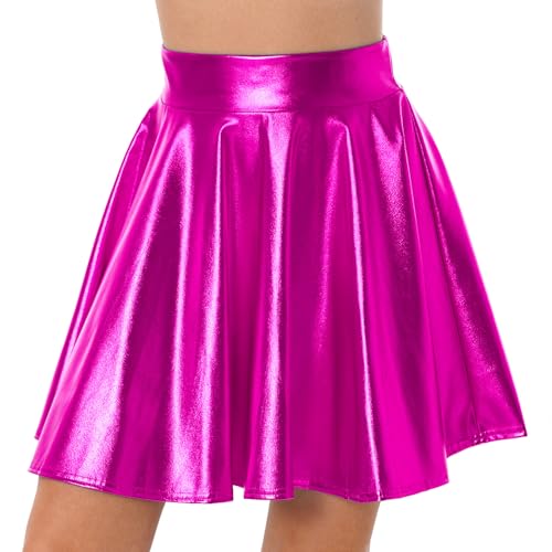 iEFiEL Damen Wetlook Rock Kurze Minirock Shiny Metallic Plisseerock Mini Skater Rock Low Rise Röcke Tanz Tutu Party Club Kostüm Dunkel Rosa M von iEFiEL