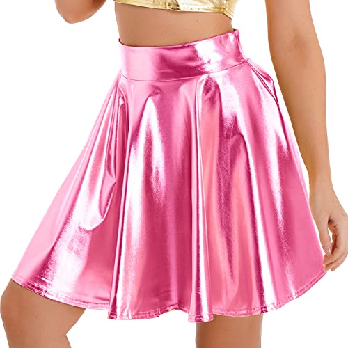 iEFiEL Damen Wetlook Rock Kurze Minirock Shiny Metallic Plisseerock Mini Skater Rock Low Rise Röcke Tanz Tutu Party Club Kostüm Rosa M von iEFiEL