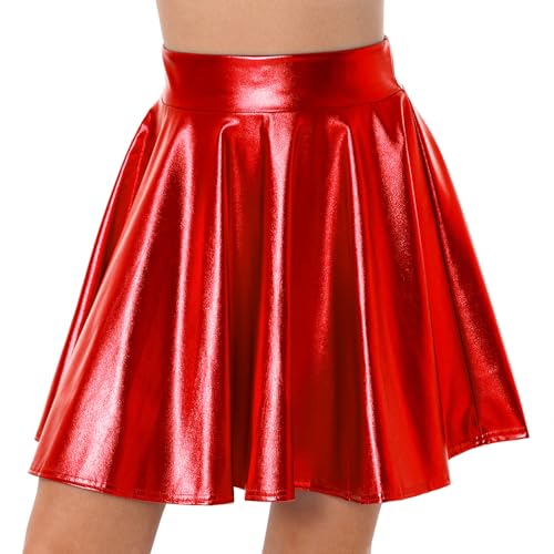 iEFiEL Damen Wetlook Rock Kurze Minirock Shiny Metallic Plisseerock Mini Skater Rock Low Rise Röcke Tanz Tutu Party Club Kostüm Rot M von iEFiEL