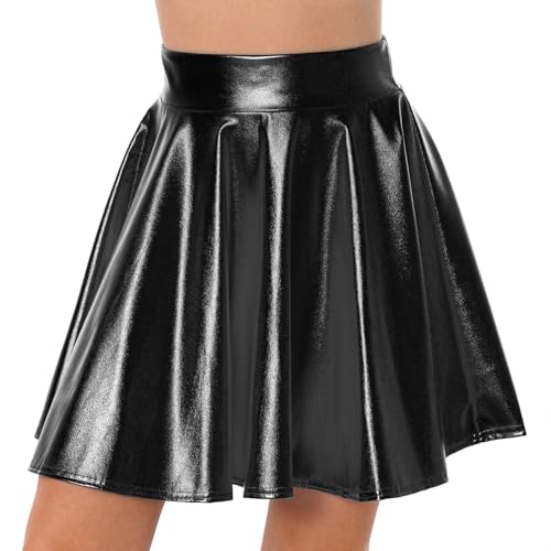 iEFiEL Damen Wetlook Rock Kurze Minirock Shiny Metallic Plisseerock Mini Skater Rock Low Rise Röcke Tanz Tutu Party Club Kostüm Schwarz L von iEFiEL