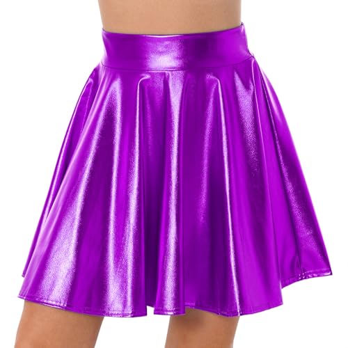 iEFiEL Damen Wetlook Rock Kurze Minirock Shiny Metallic Plisseerock Mini Skater Rock Low Rise Röcke Tanz Tutu Party Club Kostüm Violett L von iEFiEL