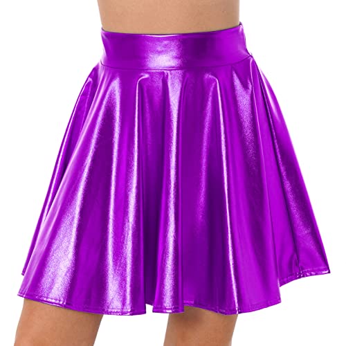 iEFiEL Damen Wetlook Rock Kurze Minirock Shiny Metallic Plisseerock Mini Skater Rock Low Rise Röcke Tanz Tutu Party Club Kostüm Violett M von iEFiEL