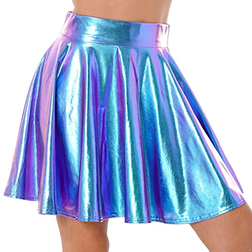 iEFiEL Damen Wetlook Rock Kurze Minirock Shiny Metallic Plisseerock Mini Skater Rock Low Rise Röcke Tanz Tutu Party Club Kostüm Blau A L von iEFiEL