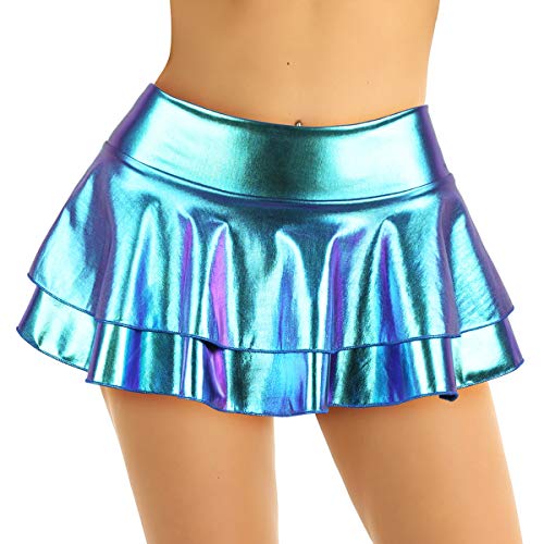 iEFiEL Damen Wetlook Rock Kurze Minirock Shiny Metallic Plisseerock Mini Skater Rock Low Rise Röcke mit 2 Lagen Tutu Party Karneval faschingskostüm Blau M von iEFiEL