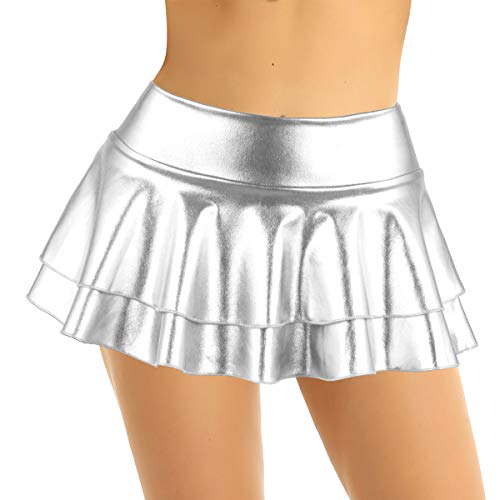 iEFiEL Damen Wetlook Rock Kurze Minirock Shiny Metallic Plisseerock Mini Skater Rock Low Rise Röcke mit 2 Lagen Tutu Party Karneval faschingskostüm Silber XXL von iEFiEL