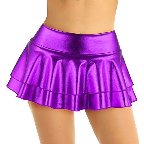 iEFiEL Damen Wetlook Rock Kurze Minirock Shiny Metallic Plisseerock Mini Skater Rock Low Rise Röcke mit 2 Lagen Tutu Party Karneval faschingskostüm Violett M von iEFiEL