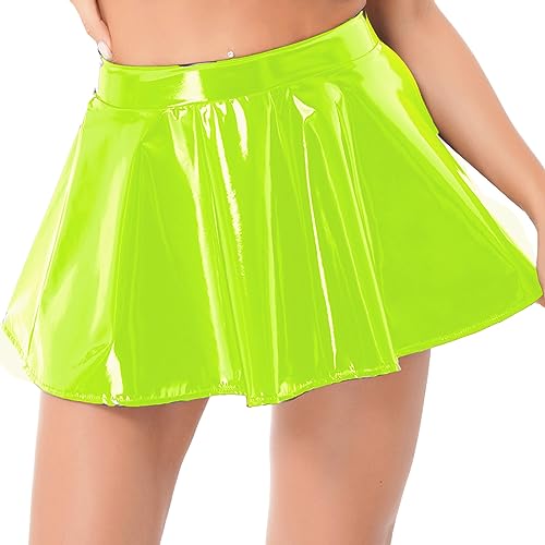 iEFiEL Damen Wetlook Rock Lackleder Minirock Glänzende Plisseerock Skater Rock Kurz Lederrock Rave Party Clubwear Fluoreszierendes Grün M von iEFiEL