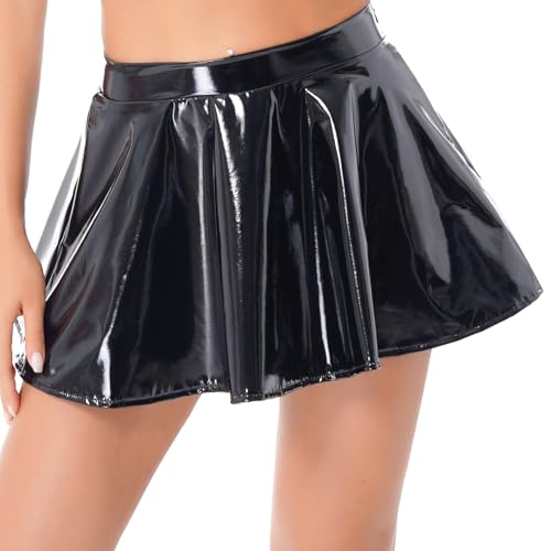 iEFiEL Damen Wetlook Rock Lackleder Minirock Glänzende Plisseerock Skater Rock Kurz Lederrock Rave Party Clubwear Schwarz 3XL von iEFiEL