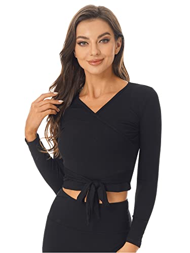 iEFiEL Damen Wrap Top Ballett Trikot Oberteile Langarm Tanz Top Gym Yoga Outfits Sportshirt Bolero Elegante Ballett Kleidung Schwarz M von iEFiEL