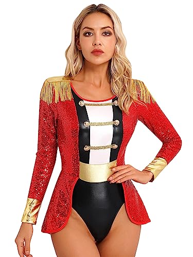 iEFiEL Damen Zirkus Kostüm Langarm Body mit Quasten Zirkusdirektorin Kostüm Halloween Karneval Glitzer Bodysuit Mottoparty Xb Rot L von iEFiEL