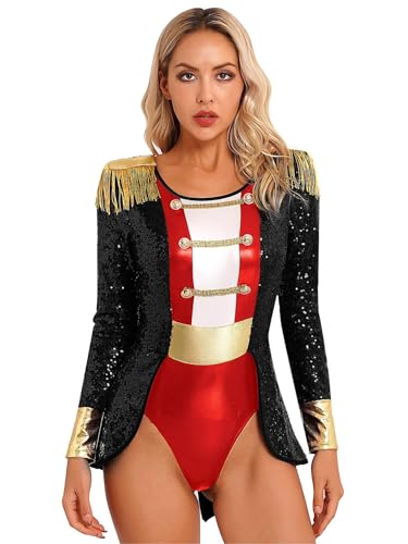 iEFiEL Damen Zirkus Kostüm Langarm Body mit Quasten Zirkusdirektorin Kostüm Halloween Karneval Glitzer Bodysuit Mottoparty Xb Schwarz S von iEFiEL