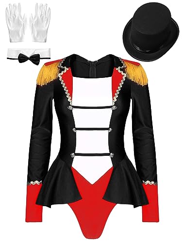 iEFiEL Damen Zirkus Kostüm Langarm Body mit Quasten Zirkusdirektorin Kostüm Halloween Karneval Glitzer Bodysuit Mottoparty Xd Schwarz XL von iEFiEL