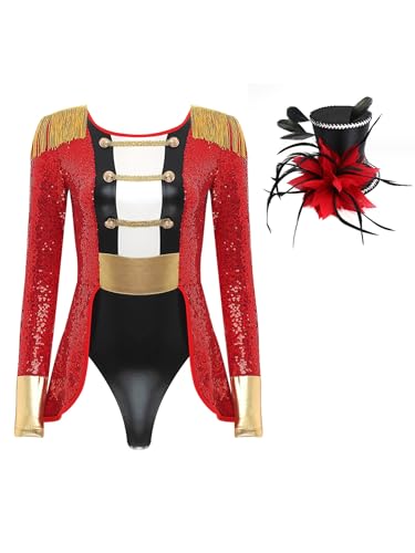 iEFiEL Damen Zirkus Kostüm Langarm Body mit Quasten Zirkusdirektorin Kostüm Halloween Karneval Glitzer Bodysuit Mottoparty Za Rot M von iEFiEL