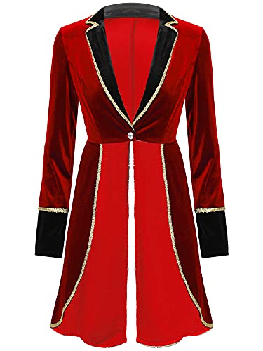 iEFiEL Damen Zirkus Kostüm Vintage Mantel Showman Frack Jacke Ringmaster Uniform Blazer Samt Smoking Halloween Karneval Kostüm A Rot XXL von iEFiEL