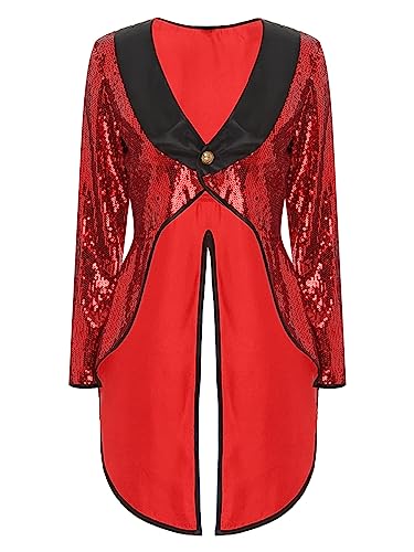 iEFiEL Damen Zirkus Kostüm Vintage Mantel Showman Frack Jacke Ringmaster Uniform Blazer Samt Smoking Halloween Karneval Kostüm W Rot Glitzer XXL von iEFiEL