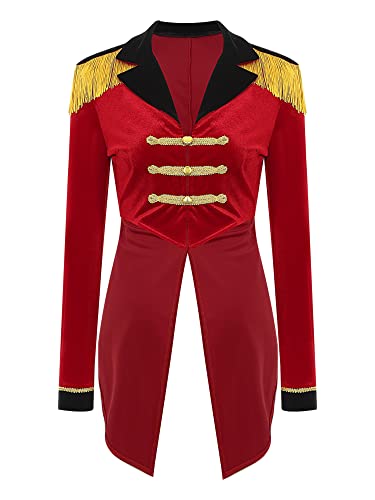 iEFiEL Damen Zirkus Kostüm Vintage Mantel Showman Frack Jacke Ringmaster Uniform Blazer Samt Smoking Halloween Karneval Kostüm X Rot XL von iEFiEL