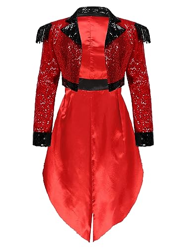 iEFiEL Damen Zirkus Kostüm Vintage Mantel Showman Frack Jacke Ringmaster Blazer Samt Smoking Halloween Karneval Faschingskostüm Uniform W Rot Pailletten L von iEFiEL