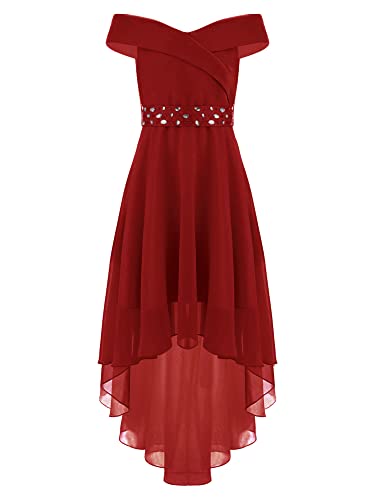 iEFiEL Elegante Kleid Mädchen Festlich mit Strass Gürtel Schulterfrei Prinzessin Kleid Abendkleid Vokuhila Kleid Blumenmädchenkleid Hochzeit Partykleid A Burgundy 134-140 von iEFiEL